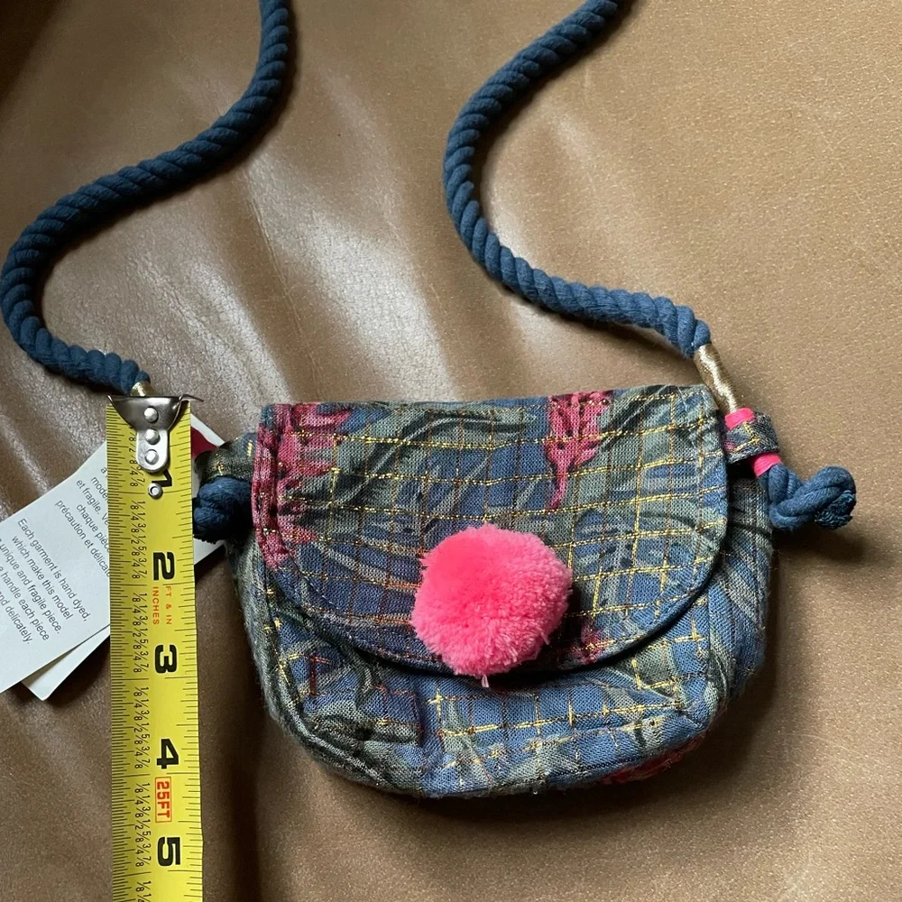 Louise Misha Kids Blue Patterned Crossbody Bag with Pink Pom
